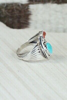 Navajo Turquoise, Coral & Sterling Silver Ring - Jeanette Saunders - Size 11