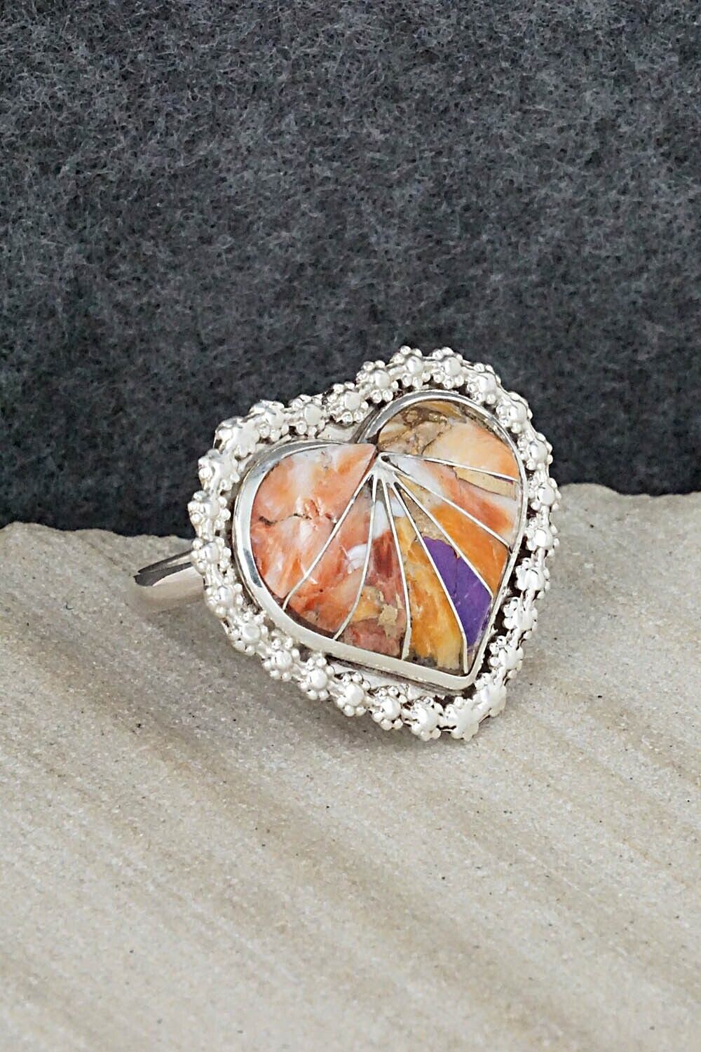 Spiny Oyster, Turquoise & Sterling Silver Inlay Ring - Evelyn Makee - Size 8