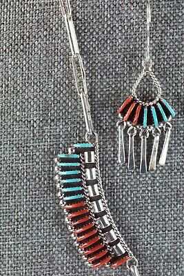 Zuni Turquoise, Coral & Sterling Silver Necklace & Earrings - Edmund Cooeyate