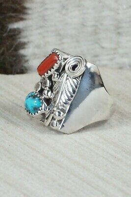 Turquoise, Coral and Sterling Silver Ring - Wilbur Myers - Size 9
