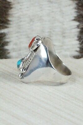 Turquoise, Coral and Sterling Silver Ring - Wilbur Myers - Size 9