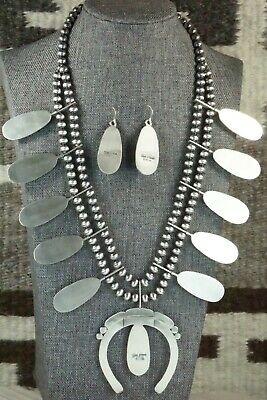 Turquoise & Sterling Silver Squash Blossom and Earrings - Tom Lewis