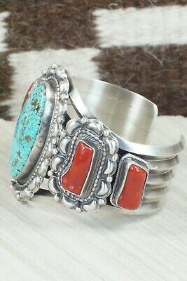 Turquoise, Coral and Sterling Silver Bracelet - Tom Lewis