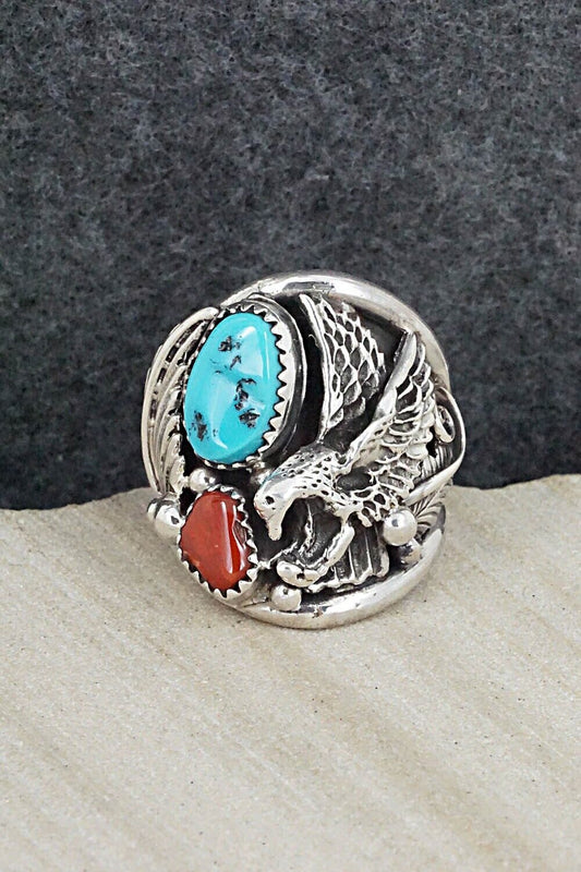 Turquoise, Coral & Sterling Silver Ring - Jeannette Saunders - Size 9.25