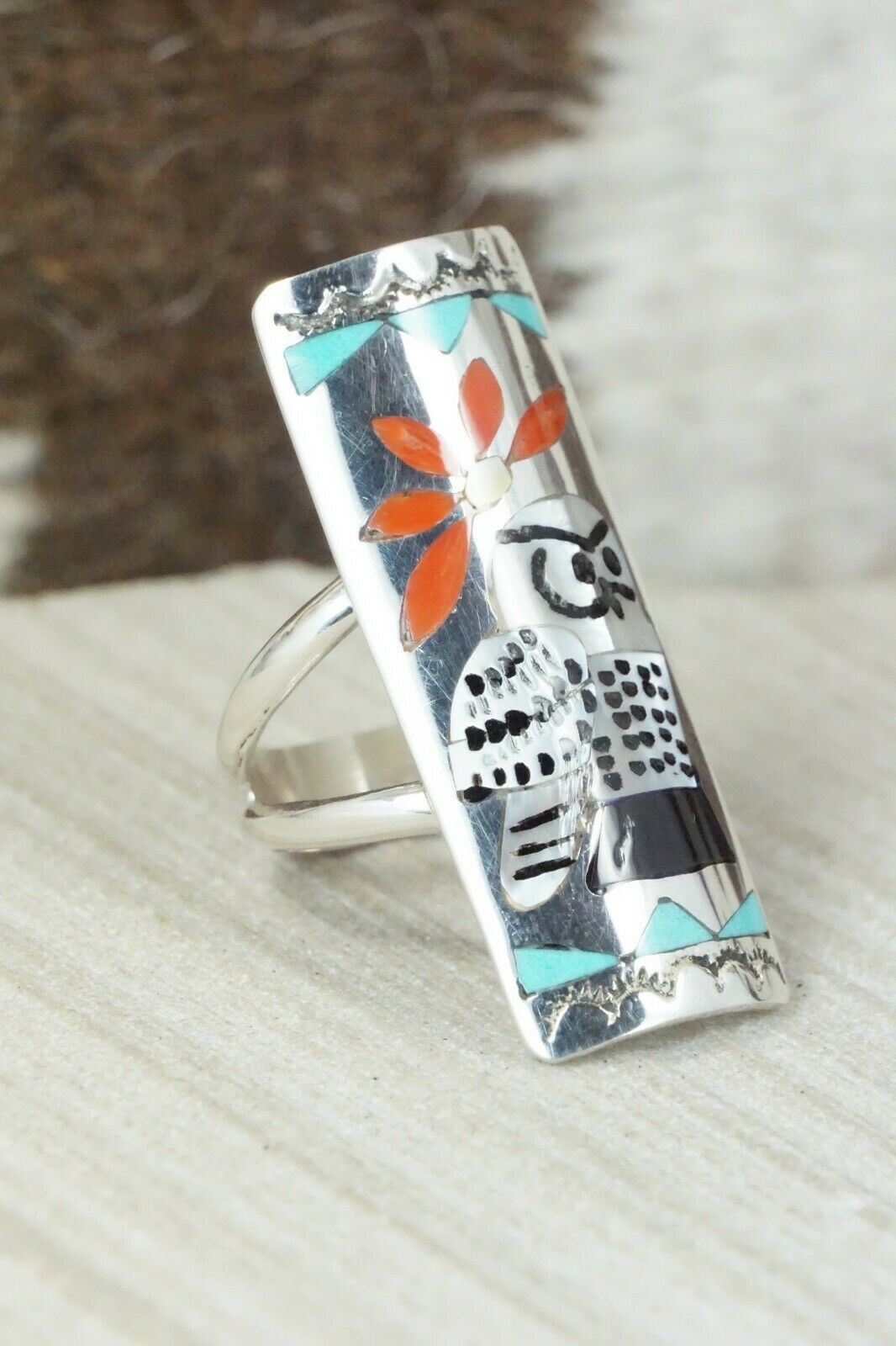 Multi Stone Inlay & Sterling Silver Ring - Quintin Quam Sr - Size 7.25