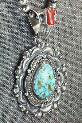 Turquoise, Coral Pendant & Sterling Silver Necklace - Tom Lewis