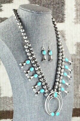 Turquoise & Sterling Silver Squash Blossom and Earrings - Leon Kirlie
