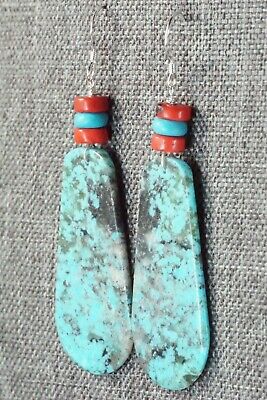 Turquoise, Coral & Sterling Silver Earrings - Lupe Lovato