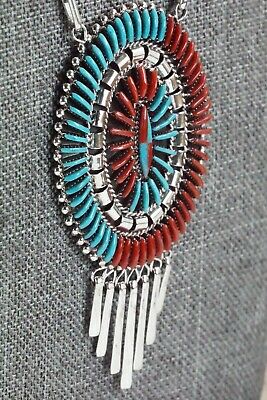Zuni Turquoise, Coral & Sterling Silver Necklace & Earrings - Edmund Cooeyate