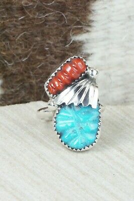 Turquoise, Coral & Sterling Silver Ring - Lyolita Tsattie - Size 6.25