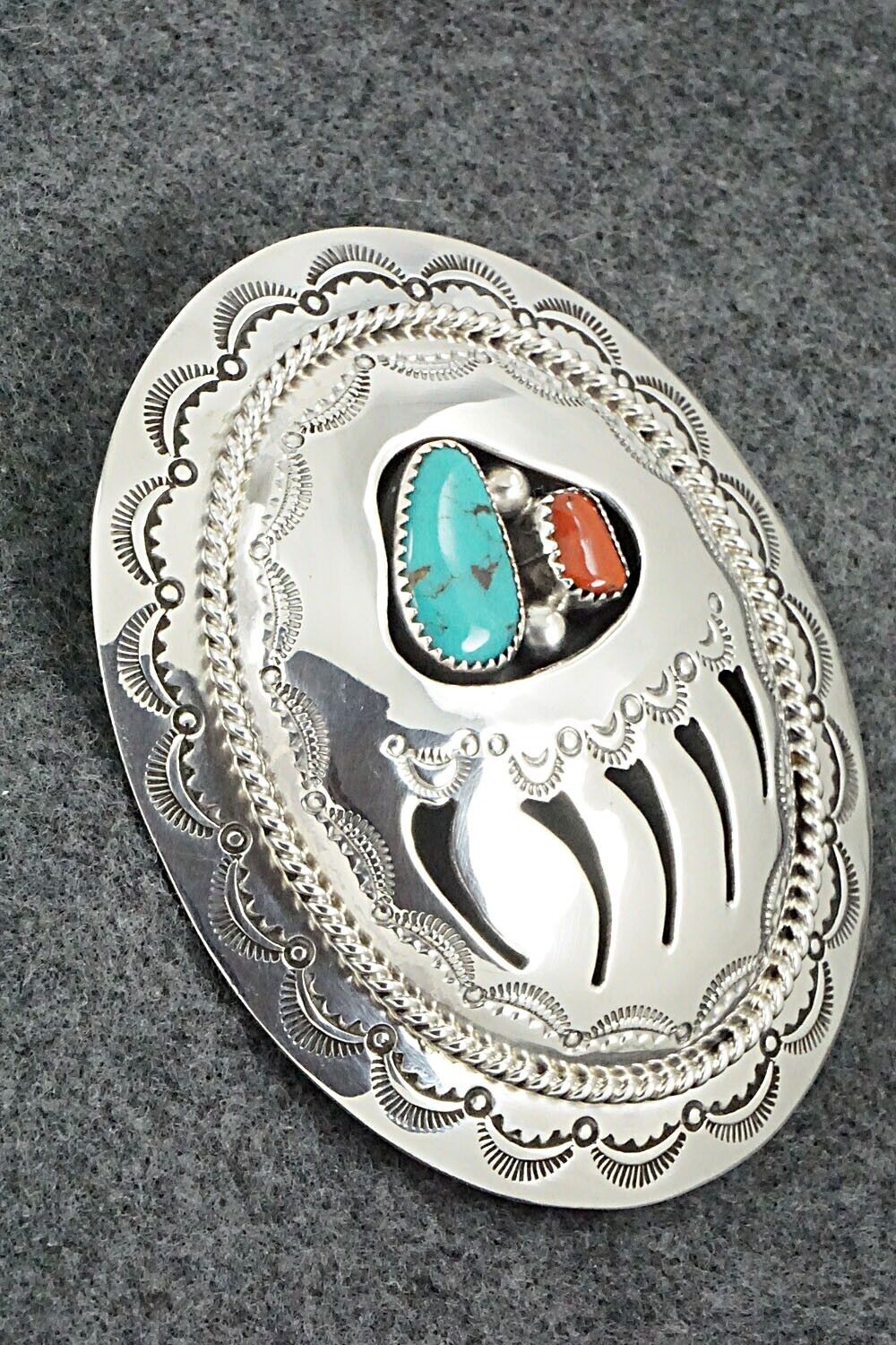 Turquoise, Coral & Sterling Silver Belt Buckle - Wilbert Muskett Sr.