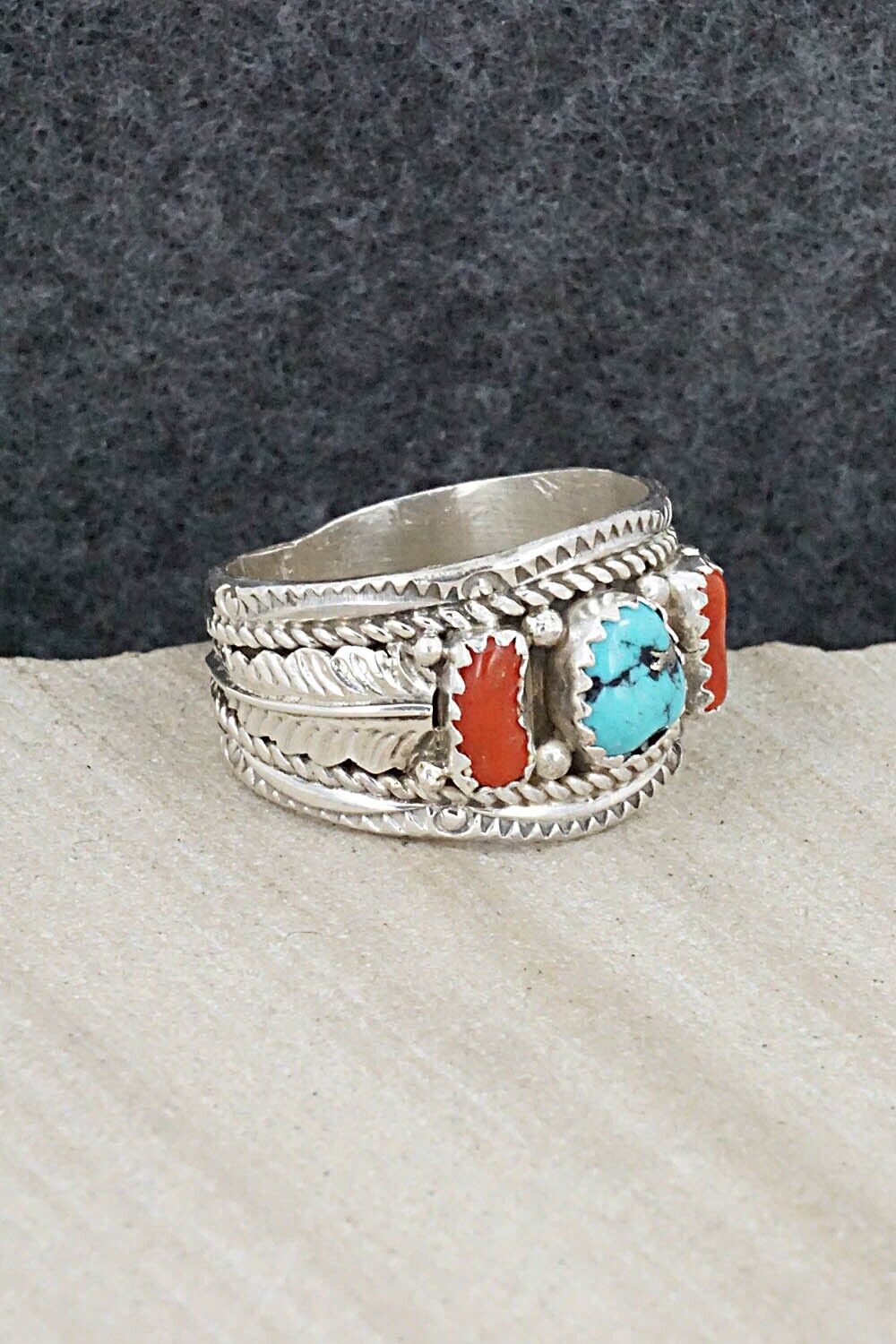 Turquoise, Coral and Sterling Silver Ring - Betty Begay - Size 9.5