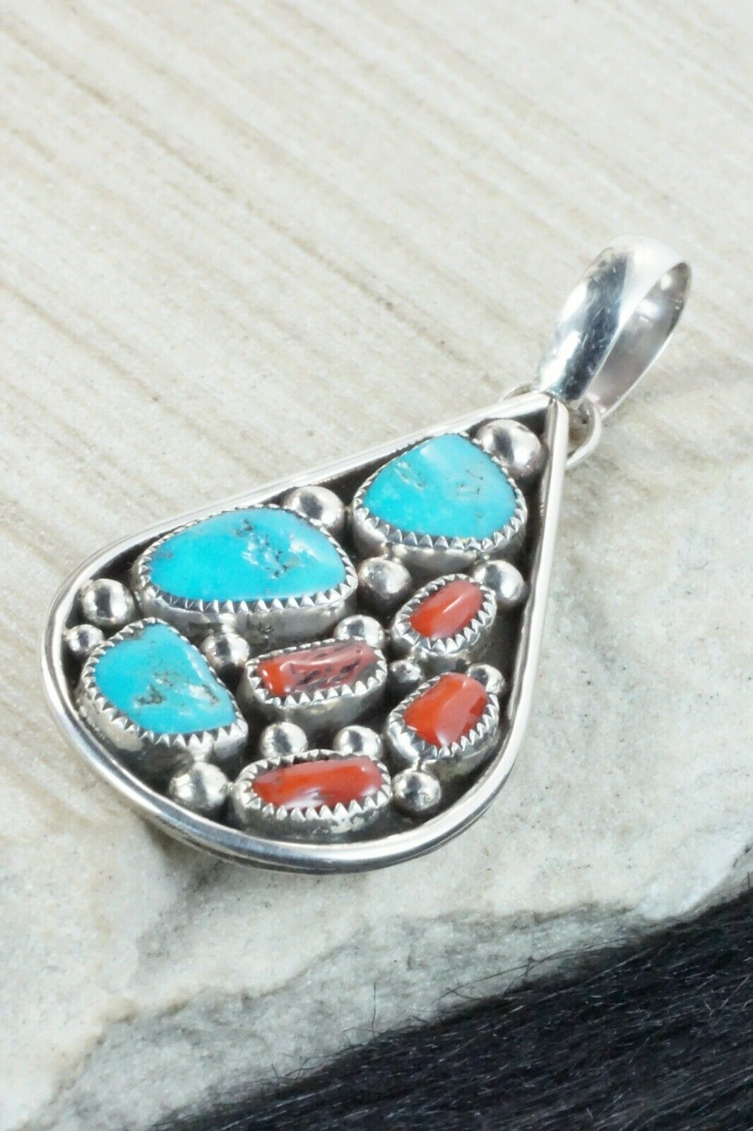 Turquoise, Coral and Sterling Silver Pendant - Priscilla Reeder