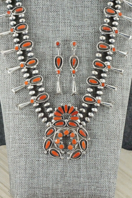 Coral & Sterling Silver Squash Blossom Set - Viola Bobelu
