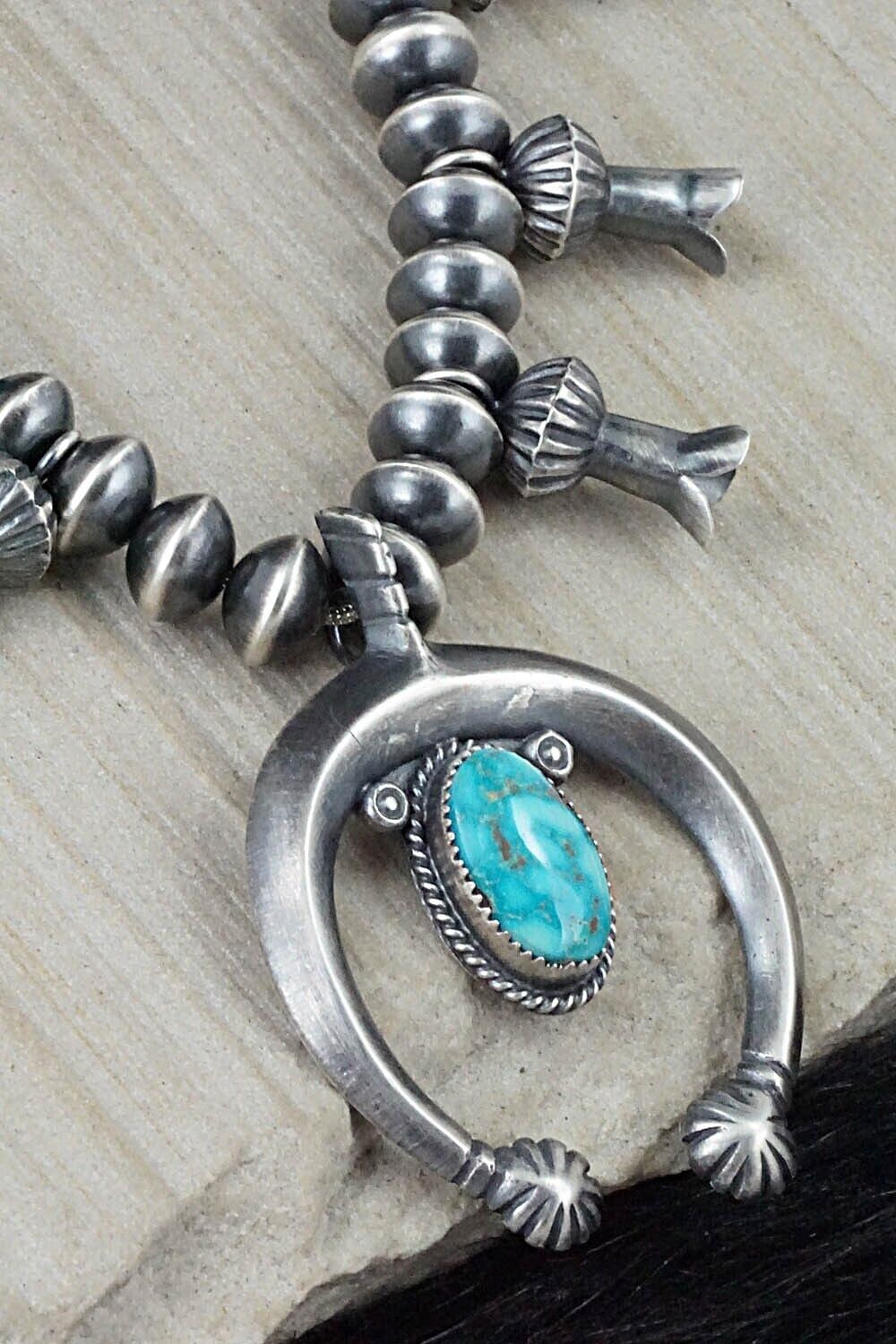 Turquoise & Sterling Silver Navajo Pearl Squash Blossom Necklace - Presley Haley