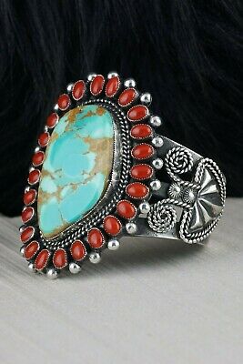Navajo Turquoise & Coral Sterling Silver Bracelet - Braxton Parkett - High Lonesome Trading