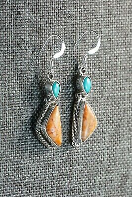 Navajo Turquoise & Spiny Oyster Sterling Silver Earrings - Gary Shorty