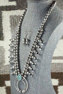 Turquoise & Sterling Silver Squash Blossom and Earrings - Leon Kirlie