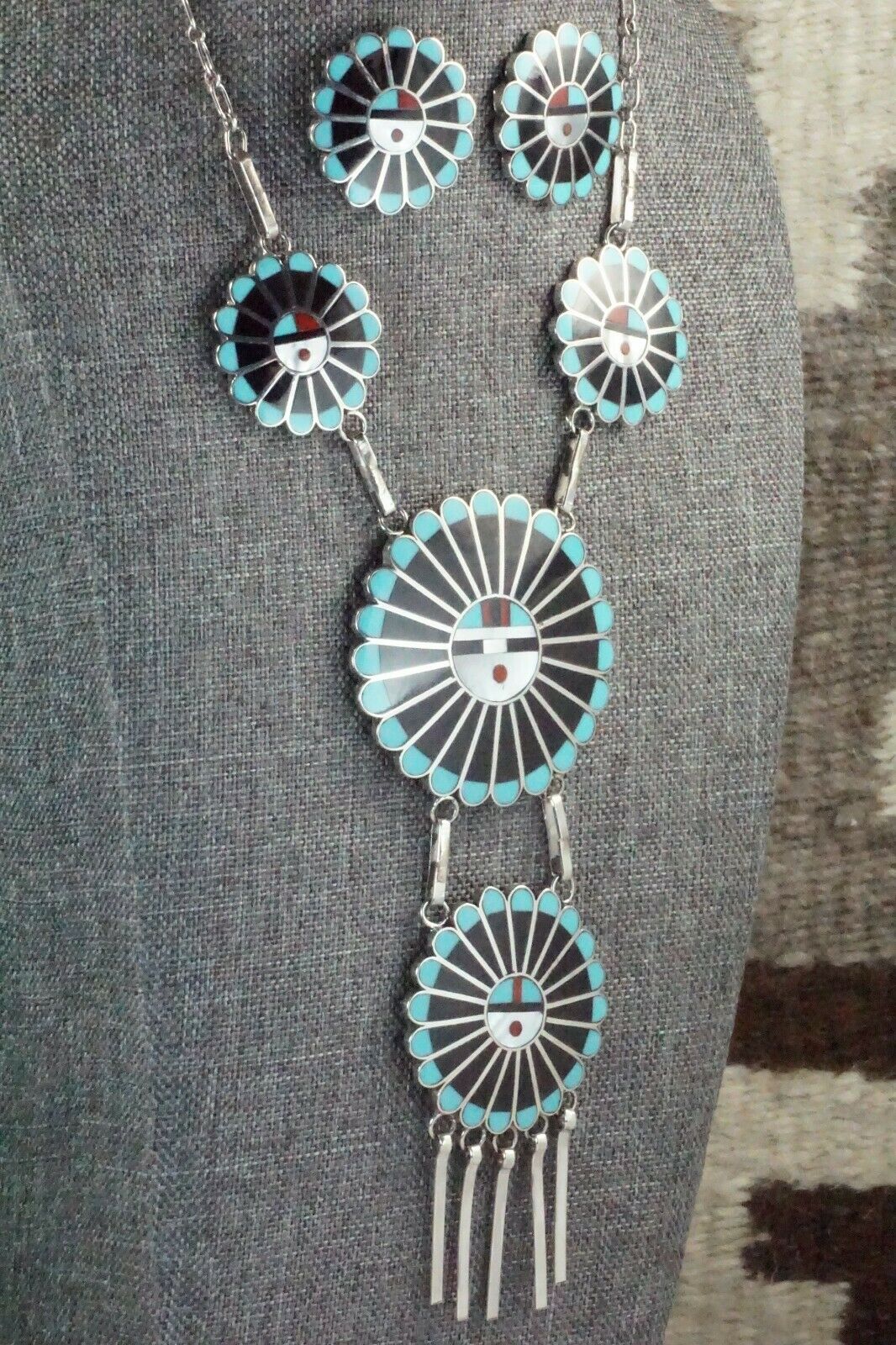 Turquoise, Mother of Pearl & Sterling Silver Inlay Jewelry Set - Adrian Wallace