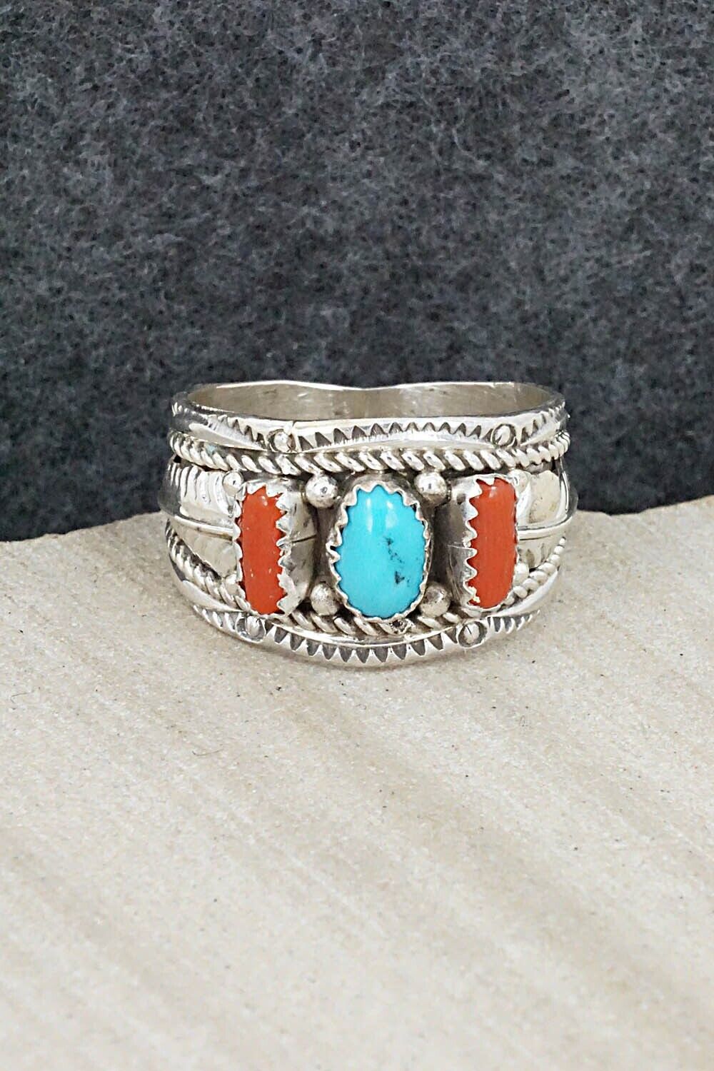 Turquoise, Coral and Sterling Silver Ring - Betty Begay - Size 11