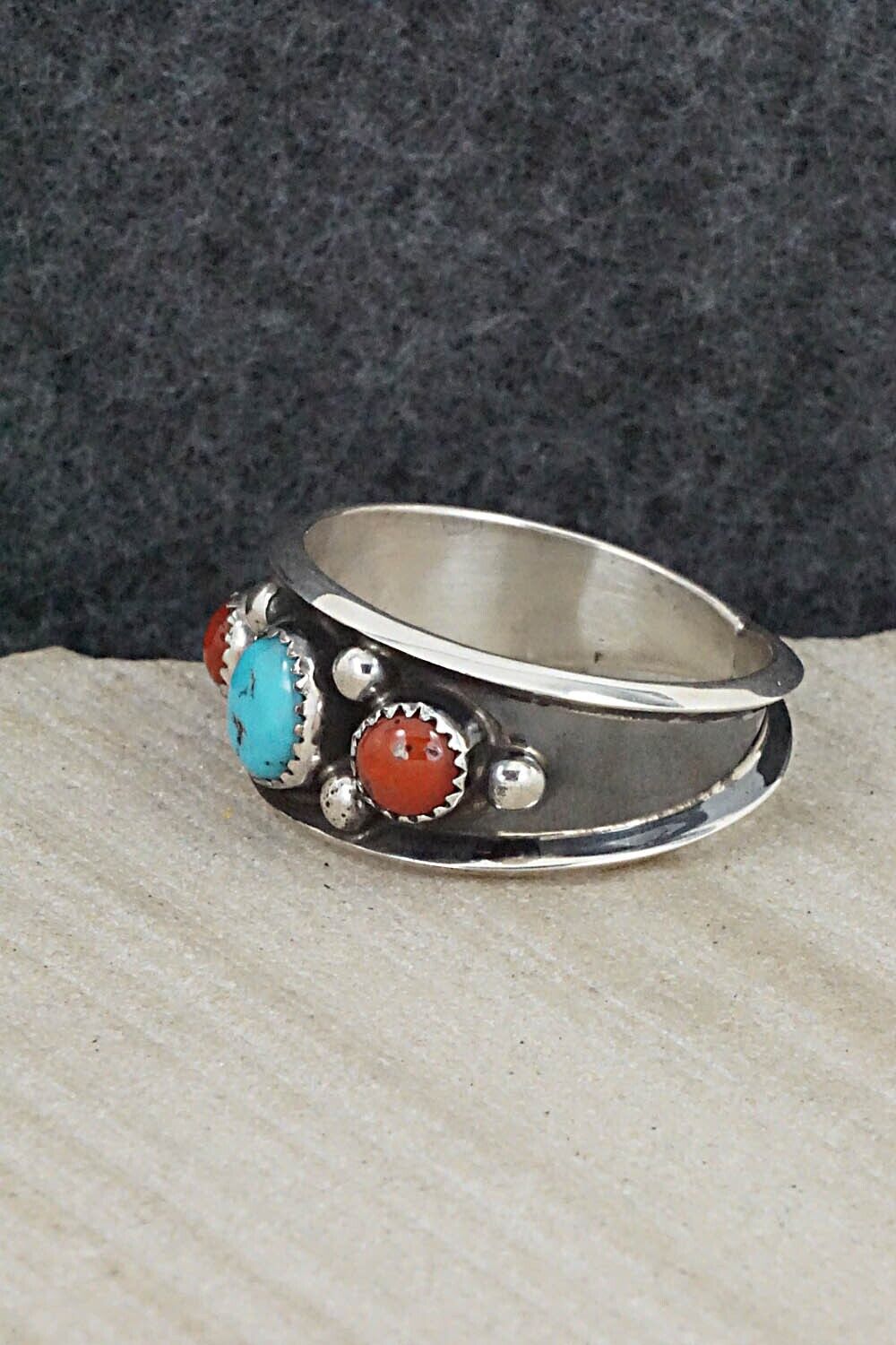 Turquoise, Coral & Sterling Silver Ring - Paul Largo - Size 13