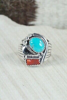 Navajo Turquoise, Coral & Sterling Silver Ring - Jeanette Saunders - Size 9.5