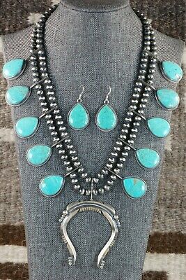 Navajo Turquoise & Sterling Silver Squash Blossom and Earrings - Tom Lewis - High Lonesome Trading