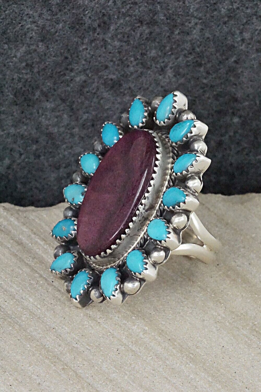 Turquoise, Spiny Oyster & Sterling Silver Ring - Tom Lewis - Size 9.25
