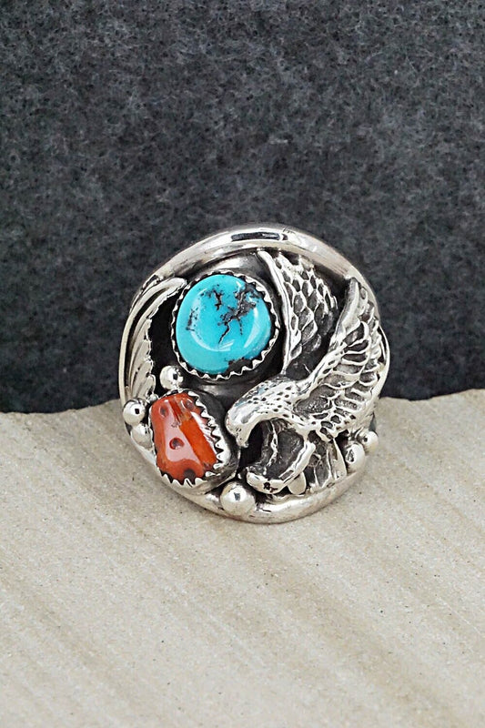 Turquoise, Coral & Sterling Silver Ring - Jeannette Saunders - Size 11