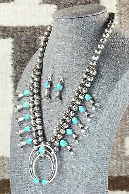 Turquoise & Sterling Silver Squash Blossom and Earrings - Leon Kirlie