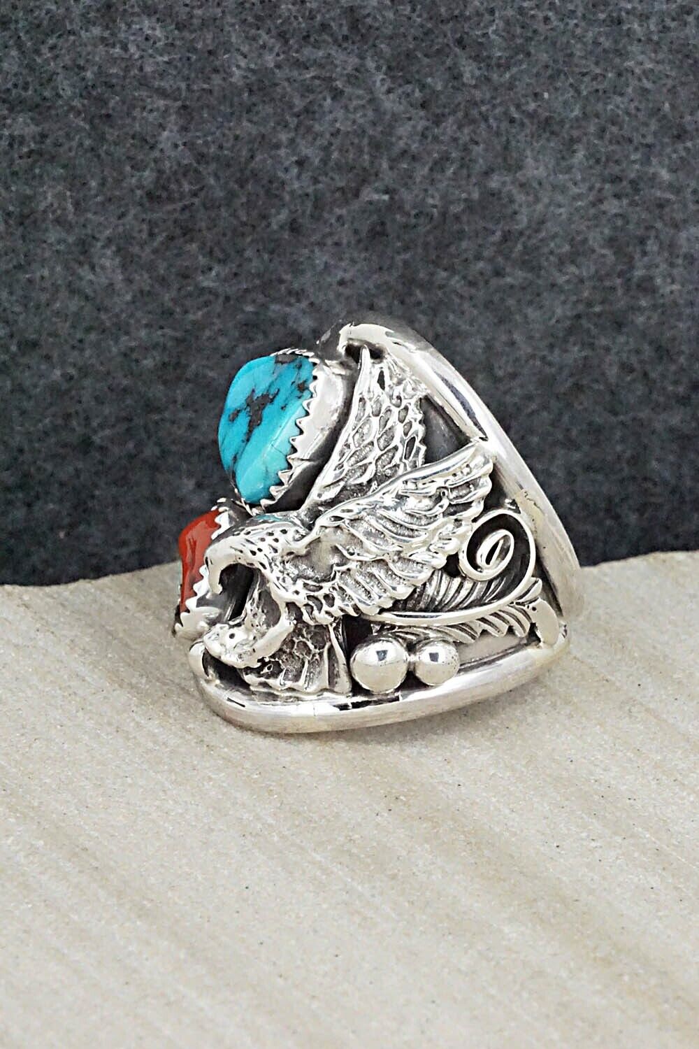 Turquoise, Coral & Sterling Silver Ring - Jeannette Saunders - Size 9.5