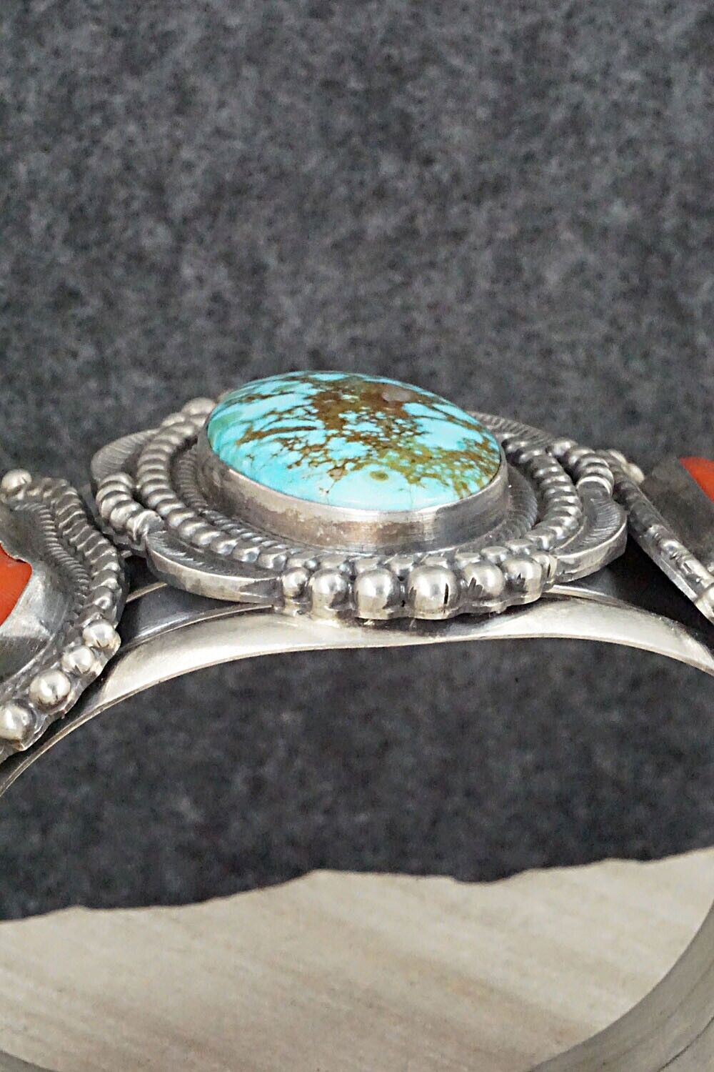 Turquoise, Coral and Sterling Silver Bracelet - Tom Lewis
