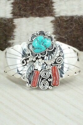 Turquoise, Coral & Sterling Silver Bracelet - Shirley Largo