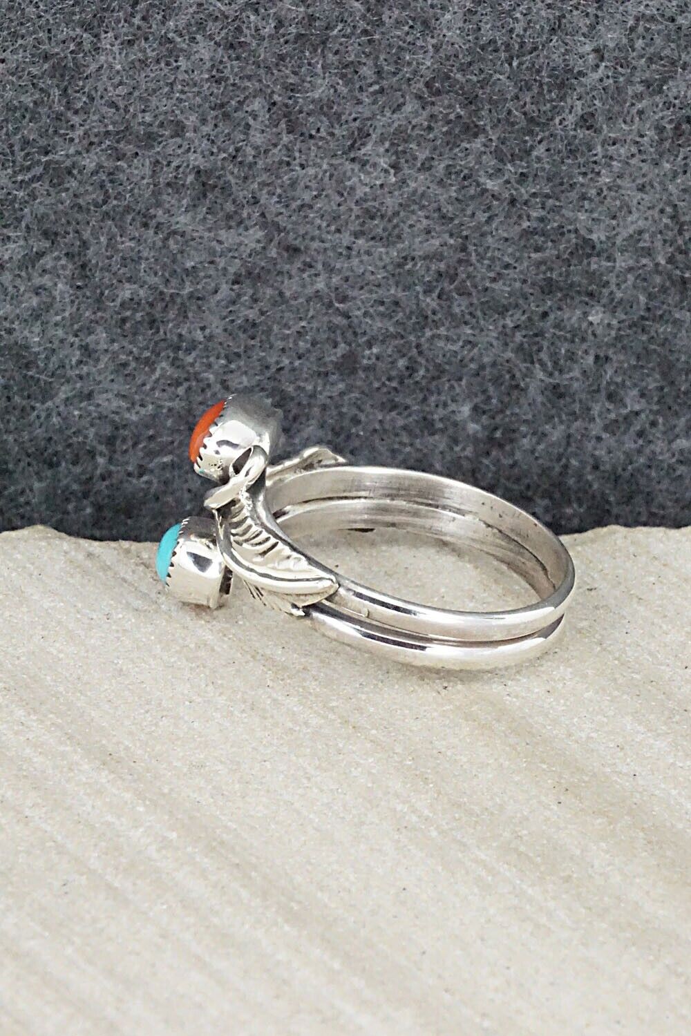 Turquoise, Coral & Sterling Silver Ring - Harry Yazzie - Size 8.25
