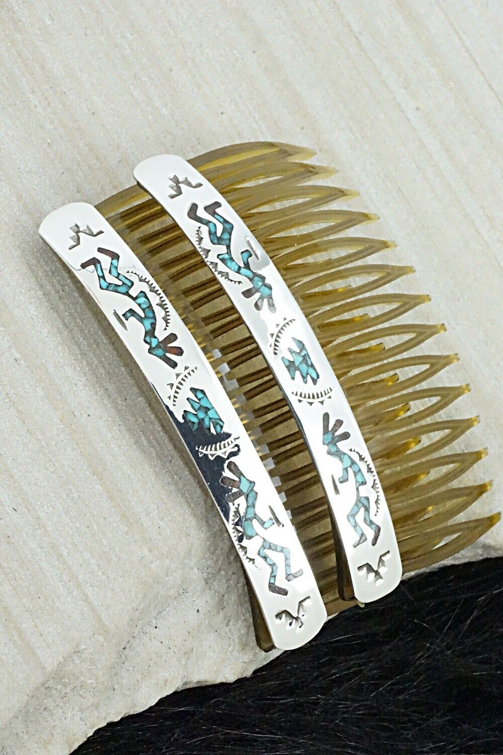 Turquoise, Coral Chip Inlay & Sterling Silver Hair Combs - Joleen Yazzie