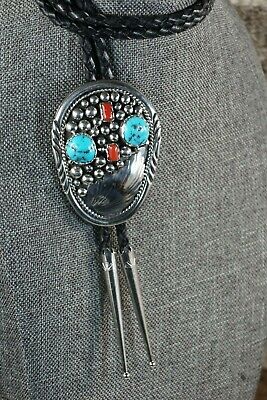 Navajo Turquoise, Coral and Sterling Silver Bolo Tie - Fred Peters - High Lonesome Trading
