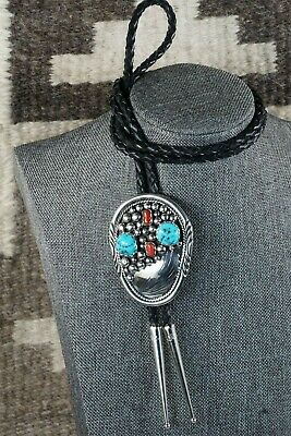 Navajo Turquoise, Coral and Sterling Silver Bolo Tie - Fred Peters - High Lonesome Trading