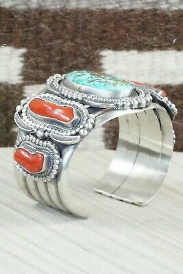 Turquoise, Coral and Sterling Silver Bracelet - Tom Lewis