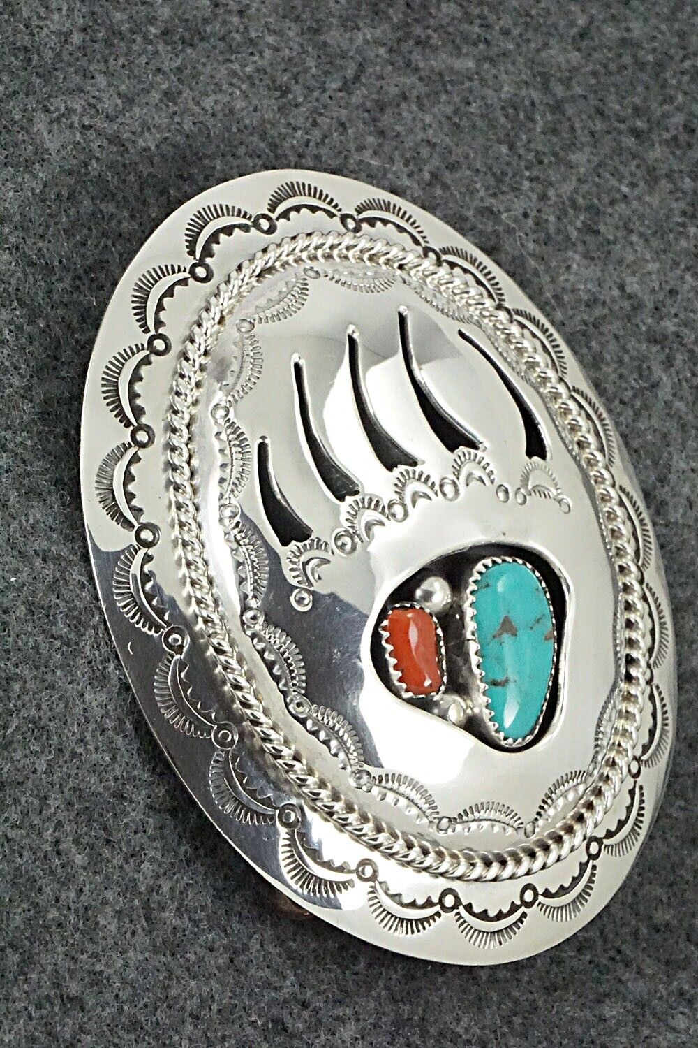 Turquoise, Coral & Sterling Silver Belt Buckle - Wilbert Muskett Sr.
