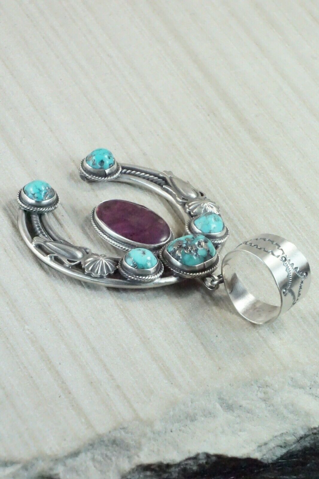 Turquoise, Spiny Oyster & Sterling Silver Naja Pendant - Raymond Delgarito