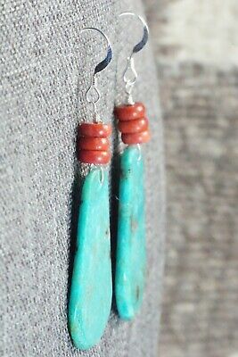 Turquoise, Coral & Sterling Silver Earrings - Lupe Lovato
