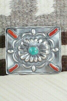 Turquoise, Coral & Sterling Silver Belt Buckle - Wallace Yazzie Jr - High Lonesome Trading