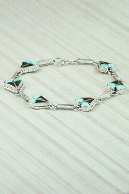 Turquoise, Onyx & Sterling Silver Heart Link Bracelet - Velda Nastacio