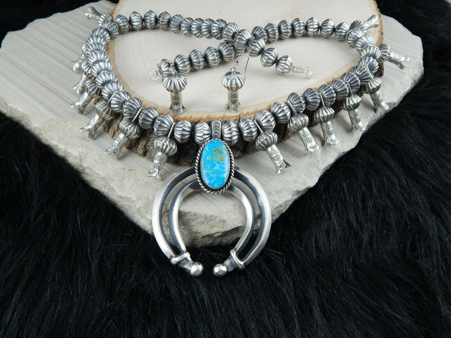 Turquoise & Sterling Silver - Navajo Squash Blossom & Earrings - Chris Hale - High Lonesome Trading