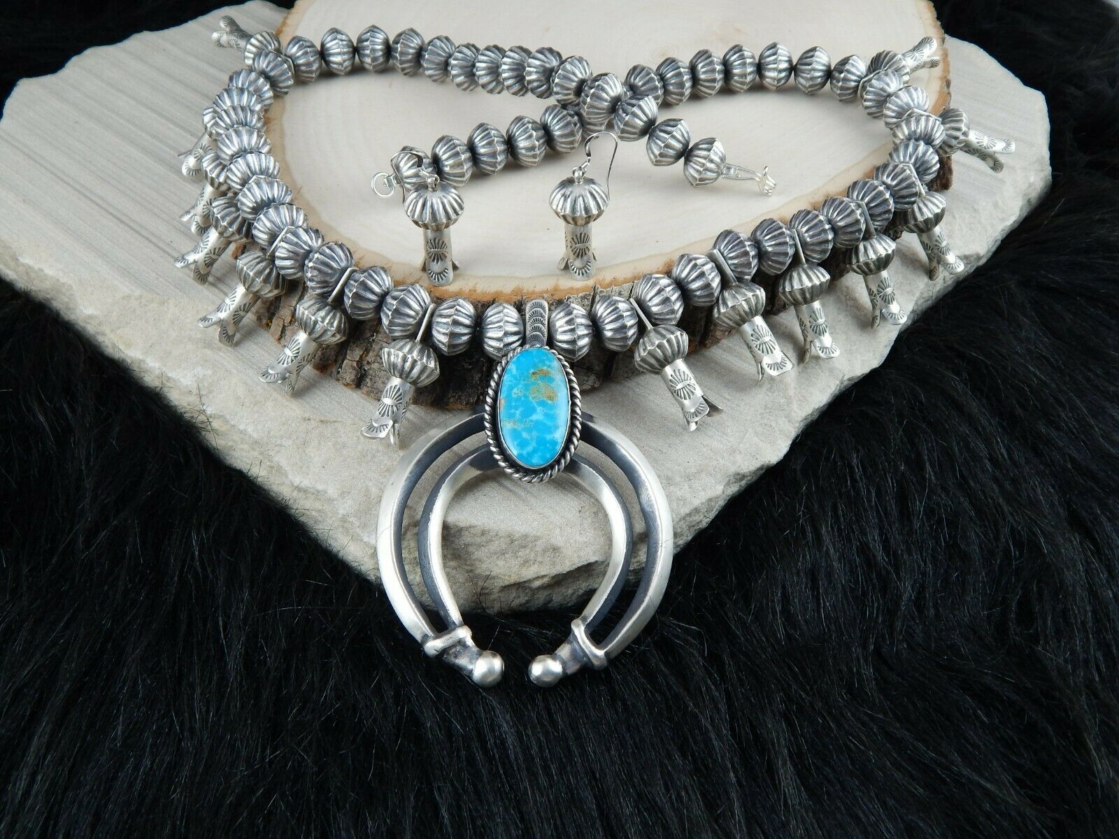Turquoise & Sterling Silver - Navajo Squash Blossom & Earrings - Chris Hale - High Lonesome Trading
