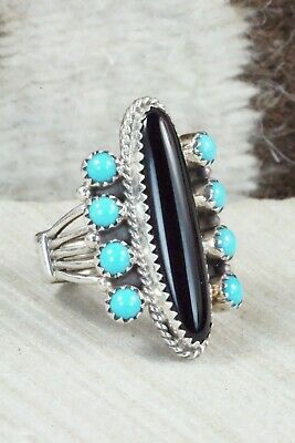 Onyx & Turquoise Ring - Navajo - Size 8.75