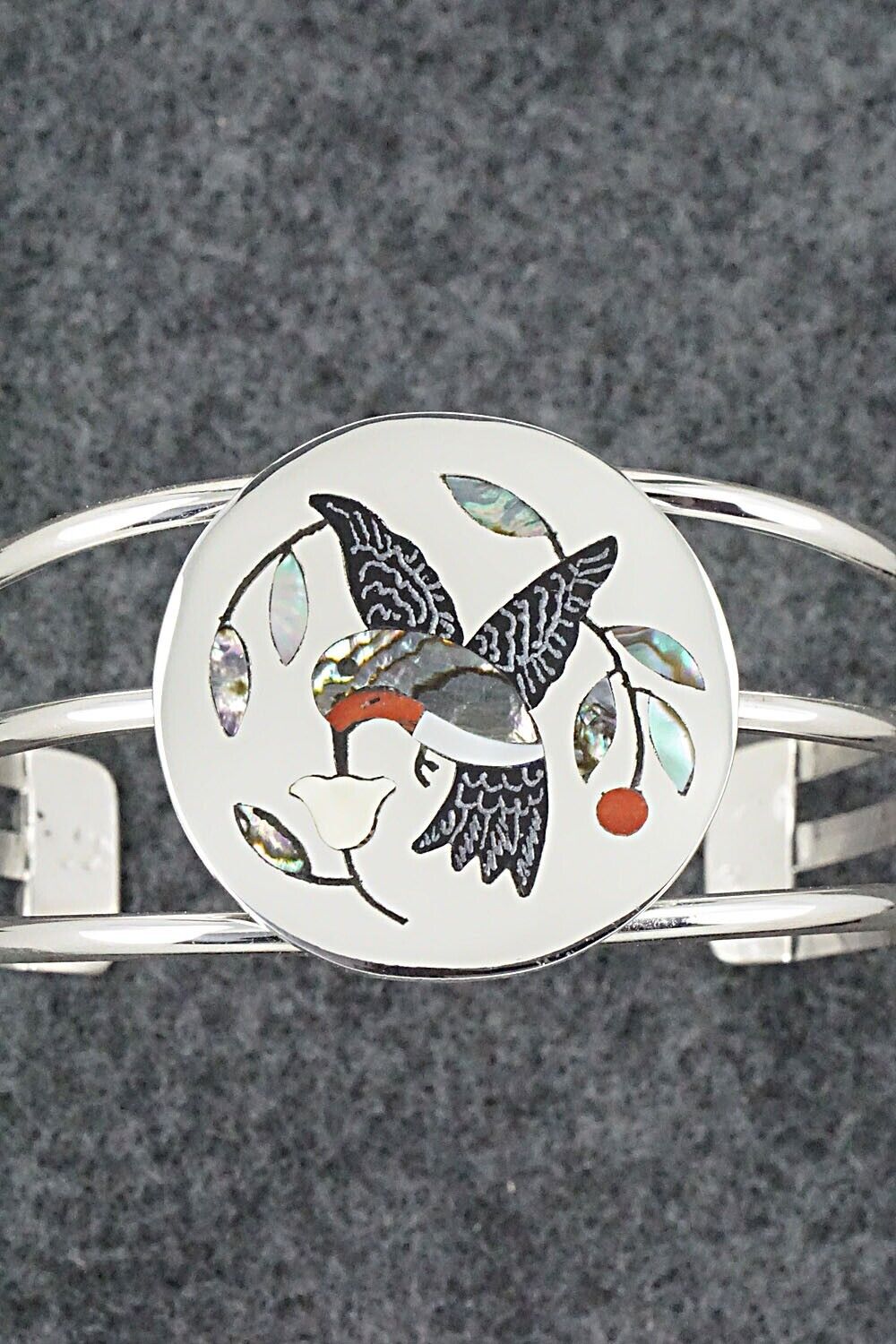 Coral, Onyx, Abalone Shell & Sterling Silver Bracelet - Derrick Edaakie
