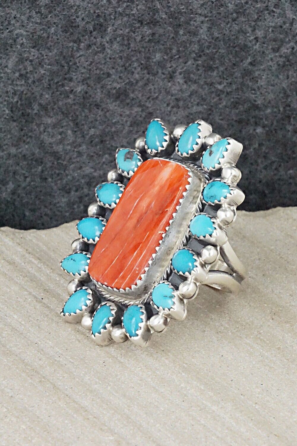 Turquoise, Spiny Oyster & Sterling Silver Ring - Tom Lewis - Size 7.75