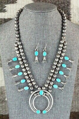 Turquoise & Sterling Silver Squash Blossom and Earrings - Leon Kirlie