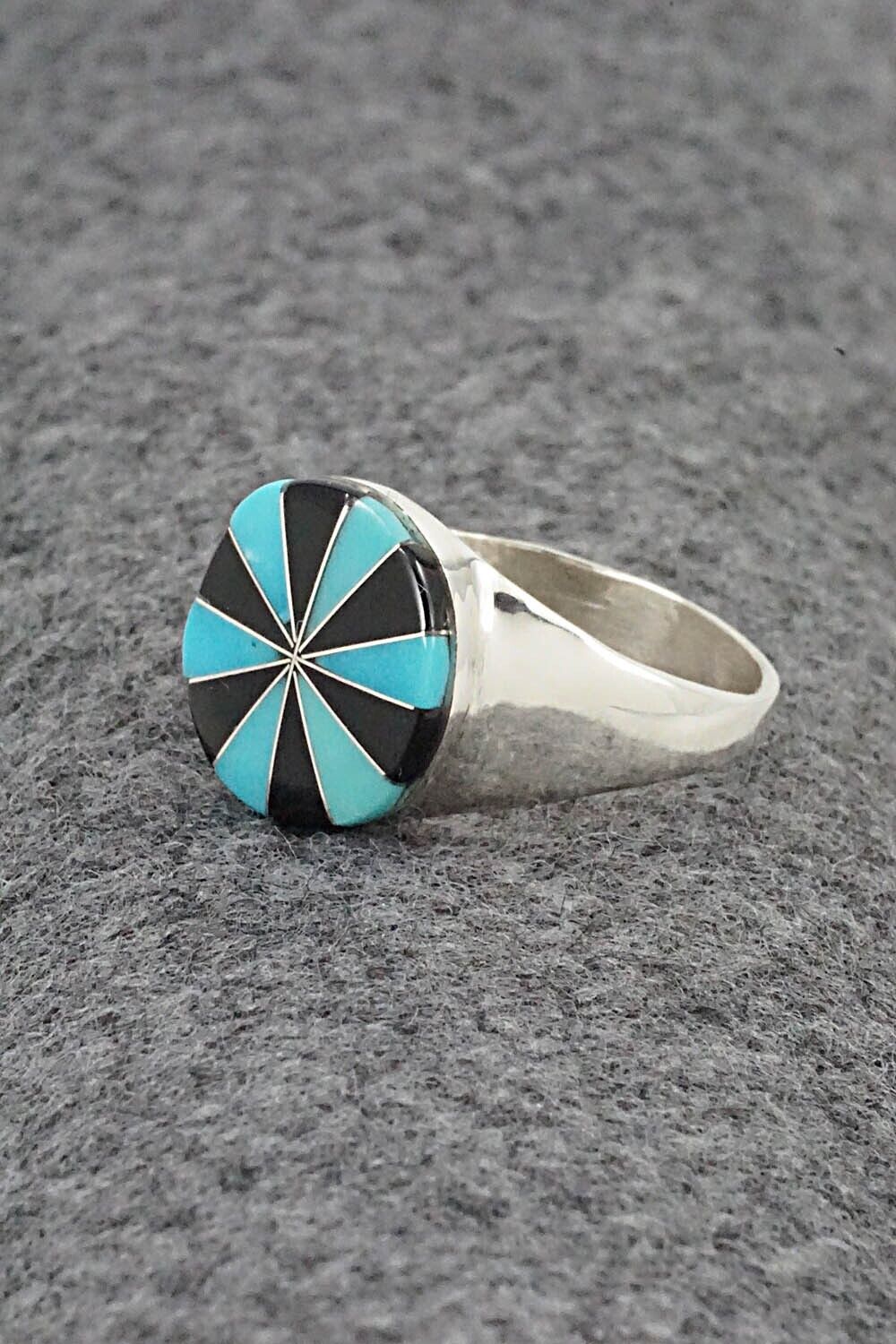 Turquoise, Onyx & Sterling Silver Ring - Johnson Laweka - Size 10.5